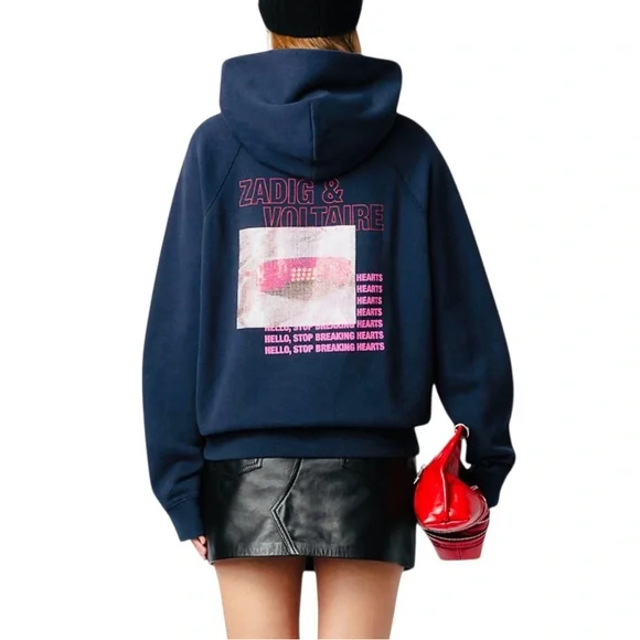 ZADIG & VOLTAIRE THE GEORY TELEPHONE EMBELLISHED COTTON GRAPHIC HOODIE. - Picture 1 of 10